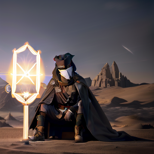 Merlin, seated cross-legged on the desert sand, levitates rocks using both his staff and the power of the Force, while the twin suns of Tatooine set in the background.